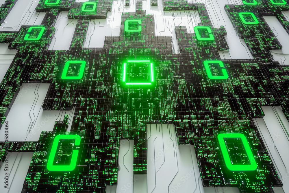 Poster futuristic neon green digital matrix with glowing data symbols on a high-tech circuit board. abstrac