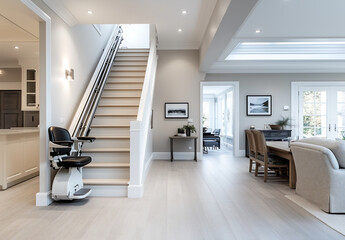 a stairlift installed on a wooden staircase, emphasizing accessibility and mobility for elderly or disabled individuals.