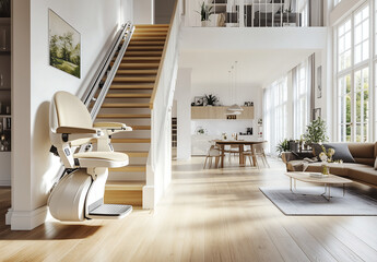 stairlift installed on a wooden staircase, emphasizing accessibility and mobility for elderly or disabled individuals.