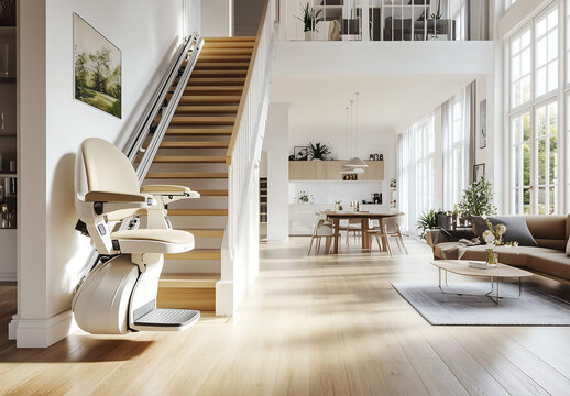 stairlift installed on a wooden staircase, emphasizing accessibility and mobility for elderly or disabled individuals. - Powered by Adobe