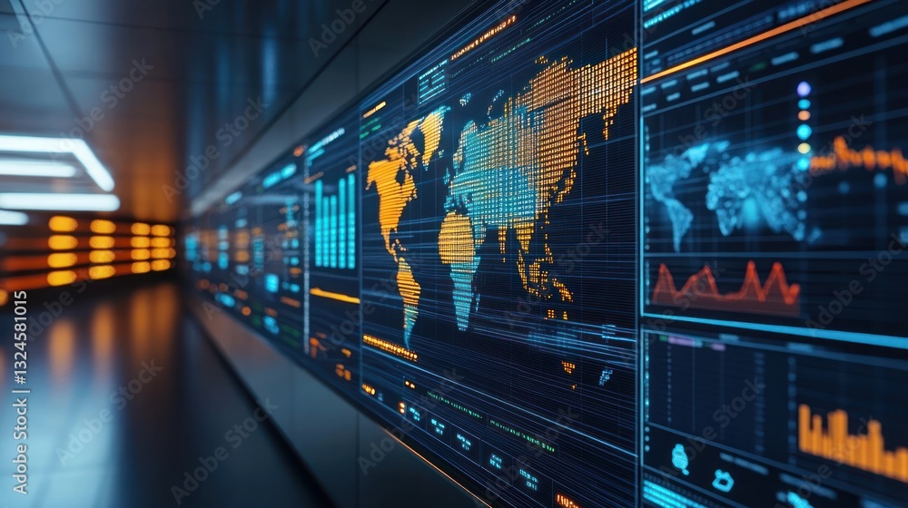 Poster global market intelligence monitoring interface with world map on screens