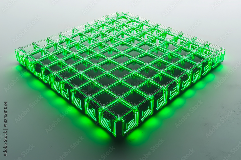 Poster futuristic neon green matrix grid floating on a reflective surface. cyberpunk-inspired digital struc