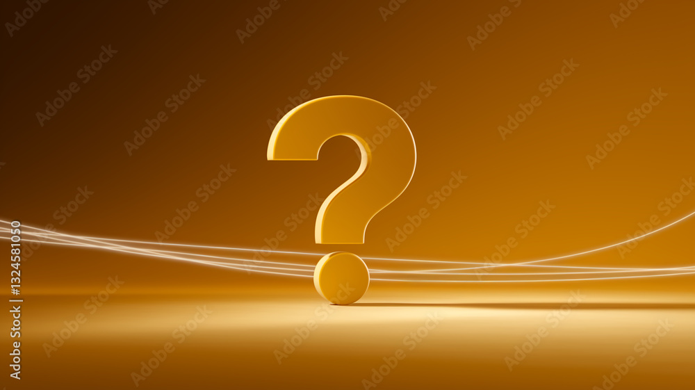 Poster Golden large question mark on amber background with subtle light trails, suggesting inquiry, uncertainty, or problem-solving concept