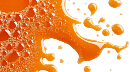 Png of A vibrant splash of orange liquid with beads and bubbles, creating an energetic and refreshing visual on transparent background.