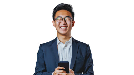 Smiling asian businessman holding mobile phone with transparent background