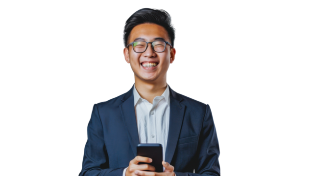 Smiling asian businessman holding mobile phone with transparent background