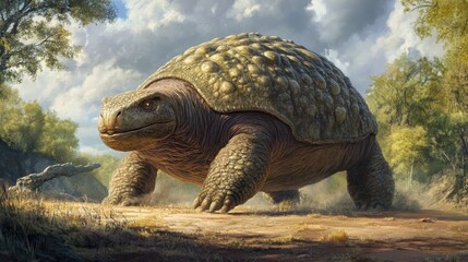 An artist&acirc;&euro;&trade;s impression of the extinct glyptodon rolling through an ancient landscape. 