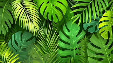 Naklejka premium Lush jungle foliage background art; vibrant tropical leaves; design, decor, wallpaper; vibrant green