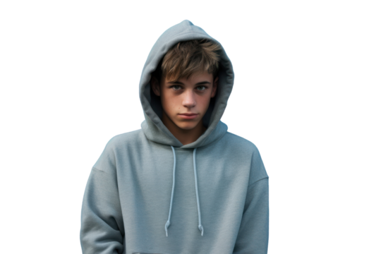 Pensive young man with short hair, sporting a hooded hoodie, positioned in front of a solid blue wall isolate on white background. - Powered by Adobe