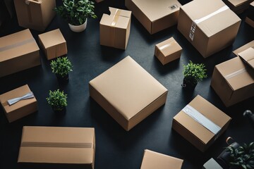 Minimalist workspace with cardboard boxes and greenery for influencers Generative AI