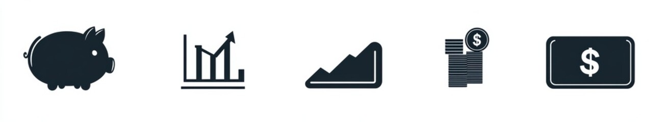 Obraz premium 5 icons, black vector on white background. Piggy bank ,corner, coins and a growing chart and a wallet with a dollar sign.