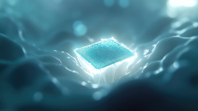 surreal abstract composition featuring glowing biochip embedded within organic tissue symbolizing fusion of biology