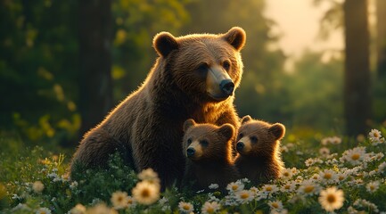 Fototapeta premium Mother Bear with Cubs in Lush Forest Surrounded by Blooming Flowers – Generative AI