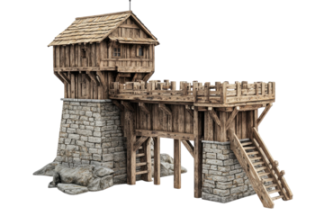 An intricately designed medieval wooden watchtower overlooking a rocky landscape at dusk isolated on transparent background