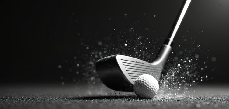 Golf club hits ball in dynamic black and white shot. Ball impact with power and precision. Skillful game with dramatic textured energy in monochrome design. Spotlight accentuates action and motion.