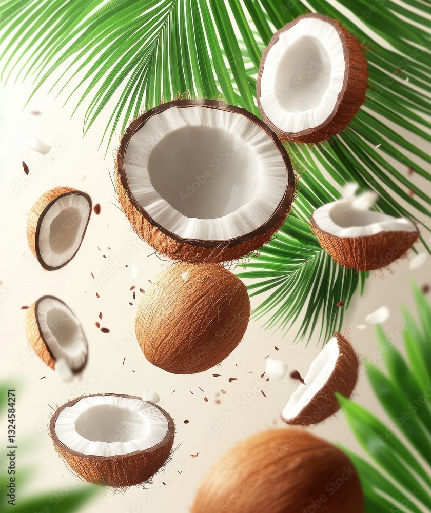 Poster fresh coconuts with palm leaves in a vibrant setting representing tropical themes and natural elemen
