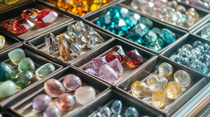 Fototapeta premium AI generator image of gemstones varying in colours, sizes and shapes kept in a jewellery box at a jewellery store with natural sunlight falling on the gemstones, focus has to be the different gemstone