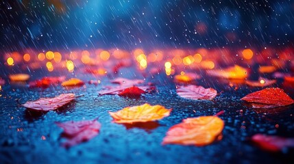 Rainy Autumn Night: Red and Yellow Leaves on Wet Ground