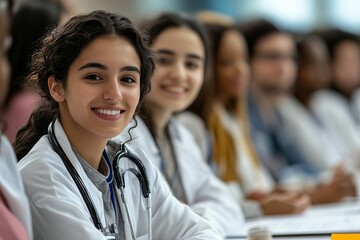 a group of diverse medical students in a lecture hall, the foreground student looking at the camera with smile.