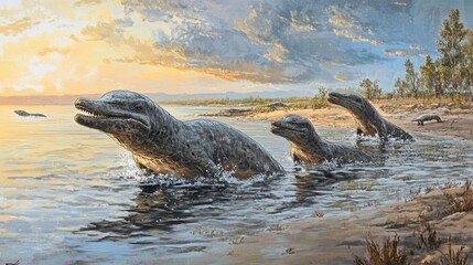 Naklejka premium An illustration of extinct prehistoric dolphins swimming in shallow seas. 