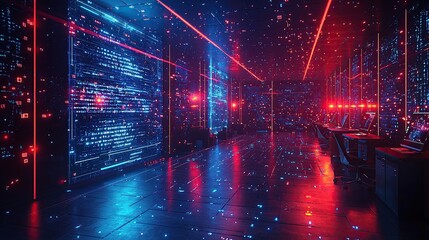 Obraz premium Futuristic server room with glowing digital code on walls, red and blue neon lights, and workstations.