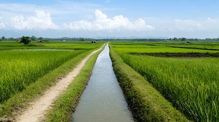 Scenic Green Field Irrigated by a Water Channel Under a Blue Sky with White Clouds