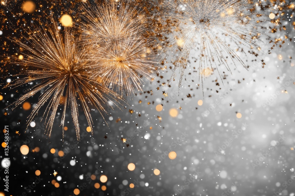 Poster dazzling gold and silver fireworks explode against a soft, glowing background with sparkling bokeh a