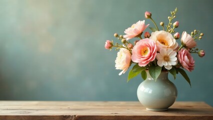 A delicate bouquet of pastel-hued blossoms arranged in a simple ceramic vase, resting on a rustic wooden surface against a soft teal backdrop