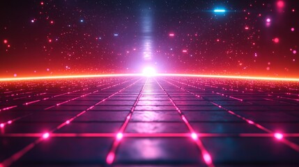 Fototapeta premium A futuristic background with neon grid lines and dark purple tones.