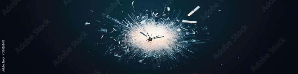 Poster surreal representation of shattered clock pieces forming glowing starburst pattern against dark back