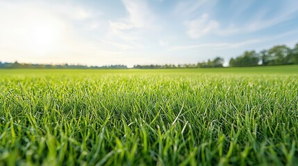 Fototapeta premium Vivid green grass carpet stretching out in a picturesque countryside landscape under a bright blue sky with fluffy white clouds A serene tranquil and natural scene evoking feelings of peace and calm