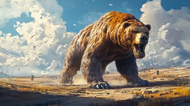 An illustration showing an ancient megafauna, the giant short-faced bear, roaming the plains..