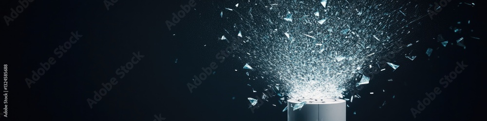 Poster surreal representation of shattered clock pieces forming glowing starburst pattern against dark back