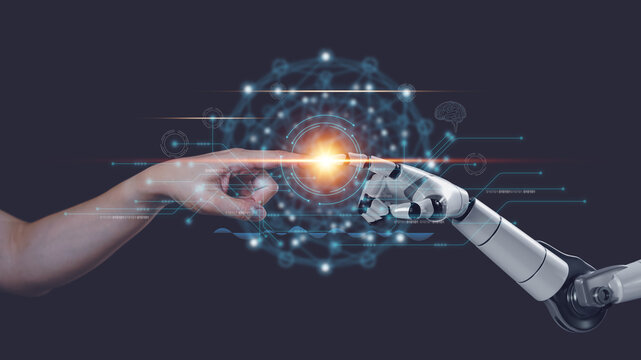 Conceptual image of a robotic arm and a human hand touching, surrounded by futuristic digital graphics, symbolizing AI and human collaboration.