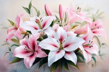 Fototapeta premium A soft watercolor painting of a bouquet of lilies in pastel tones, with delicate brushstrokes and a light, airy composition