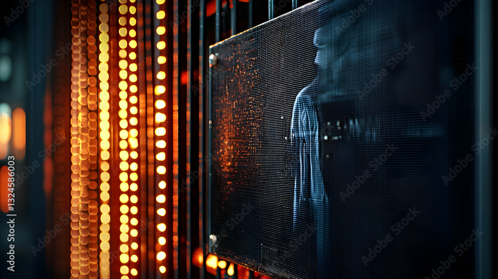 Poster abstract technological grid with vertical orange light panel and metallic surface reflecting light i