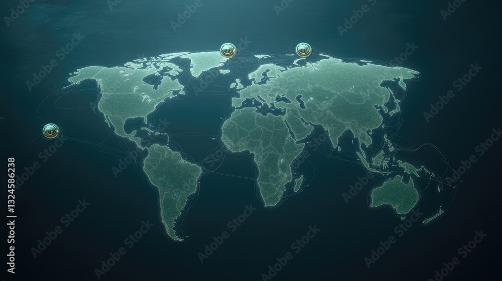 Poster surreal world map formed by glowing lines of trade routes with cargo icons orbiting around key citie