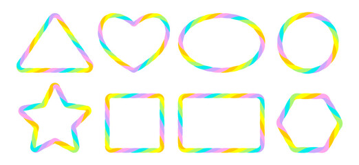 Set of hand drawn blank frames. Colored text box, bright neon rainbow serpentine, spiral. Empty speech bubble on white background. Isolated Flat Vector Illustration EPS10	