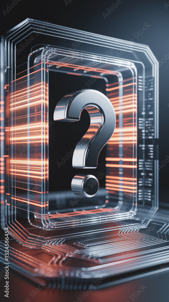 Aufkleber Metallic large question mark inside glowing glass frame, technological circuit background, symbolizes inquiry, problem-solving, data processing, technological advancement