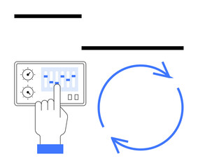 Hand adjusting controls on a panel with sliders and dials next to circular arrows symbolizing a looped process. Ideal for workflow, feedback, control, automation, balance, optimization, monitoring