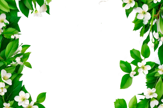 frame of green leaves and blossoming apple trees on transparent background