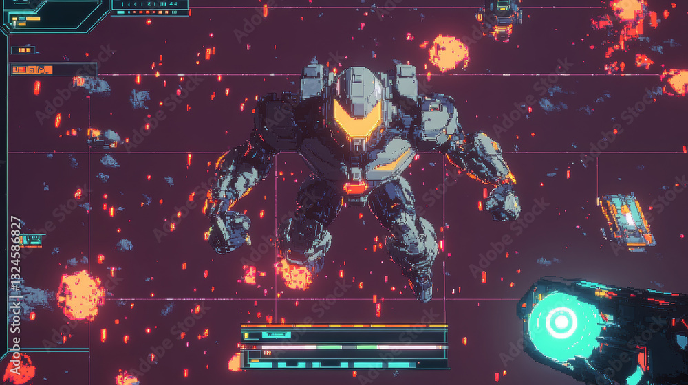 Fototapete Character Cyborg in an abstract computer video game in menu frame, interface with buttons game menu. Interface computer video game about robotics battle. Screenshot of a video game. Pixels text menu.
