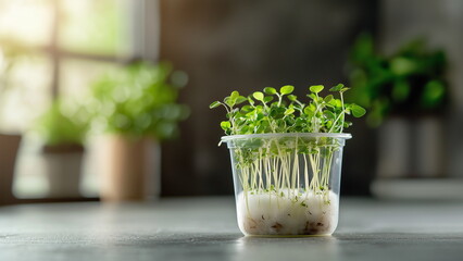 Green bean sprout growing from the cotton in a transparent plastic container, school science experiment in biology class