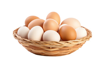 A charming wooden table with a basket full of mixed-size eggs, isolated on white background