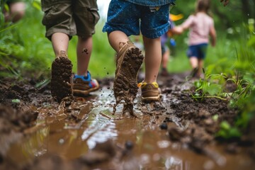 Fototapeta premium Kids enjoy muddy outdoor play while walking along a wet path surrounded by greenery on a sunny day