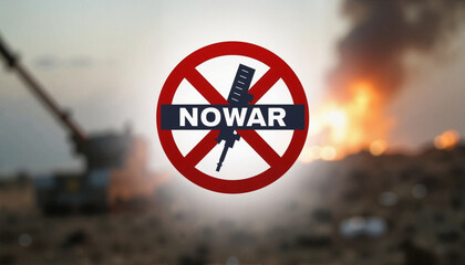 "No War" sign against battlefield background, symbolizing peace