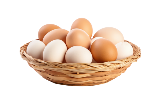 A charming wooden table with a basket full of mixed-size eggs, isolated on white background