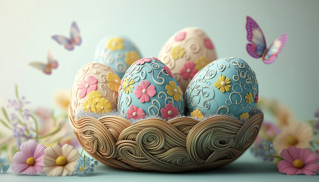 AI generator image of rabbit Ester eggs,celebrating Colorful Ester eggs in a woven basket,Easter eggs nestled in a wicker basket