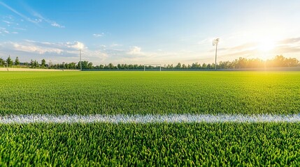 Picturesque view of a well maintained sports field with lush green grass surrounded by a tranquil landscape and illuminated by the warm glow of the rising or setting sun