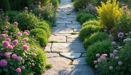 Obraz premium Stone walkway path winds through lush garden landscape. Pink flowers and vibrant green plants line the pathway. Landscaped backyard offers tranquil retreat and ornamental beauty in summer sunlight.